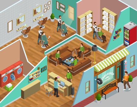 Barbershop interior with head washing laundry and reception symbols isometric vector illustrationのイラスト素材