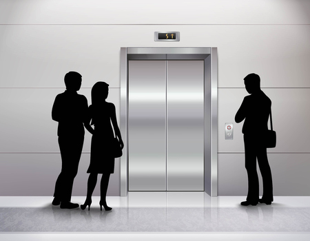 Three male and female people silhouettes standing in front of modern elevator and waiting for it realistic illustrationのイラスト素材