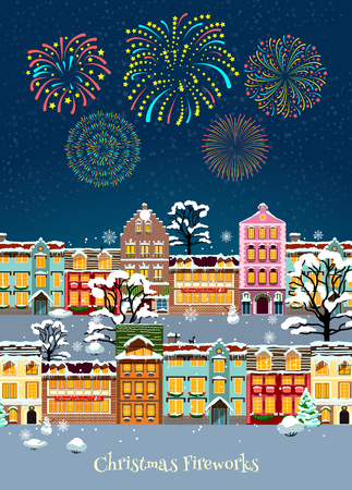 Colorful Christmas celebration template with glowing sparkling fireworks and snowbound cityscape illustrationのイラスト素材