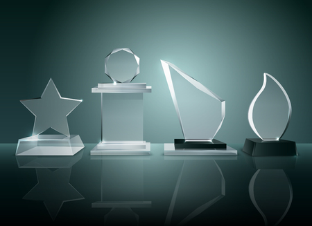Sport competitions glass trophies prizes collection on transparent reflective surface realistic image with dark shadowy background illustrationのイラスト素材
