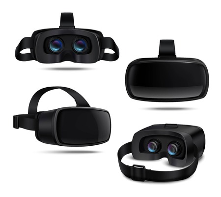 Realistic black vr headsets viewed from different sides isolated on white background illustrationのイラスト素材