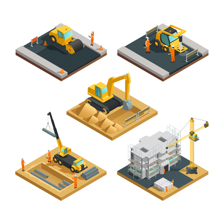 Isometric building and road construction compositions set with transport equipment and workers isolated on white background illustrationのイラスト素材