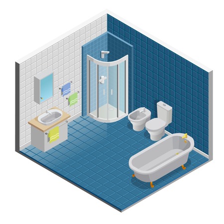 Bathroom interior isometric design with shower mirror and towels illustrationのイラスト素材