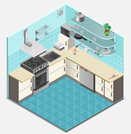 Kitchen interior isometric template with oven ventilation shelves table utensils sink in flat style isolated  illustrationのイラスト素材