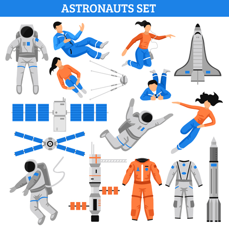 Colorful space set with astronauts satellite suits craft spaceship and rocket in flat style isolated vector illustrationのイラスト素材