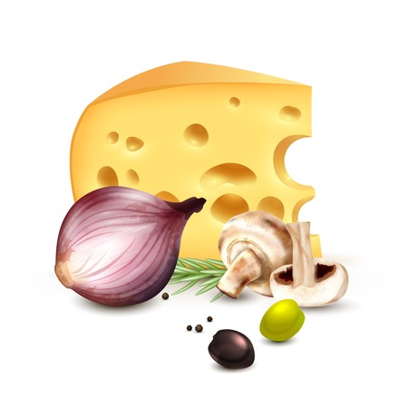 Chunk of cheese with red onion champignons rosemary and olives realistic mediterranean culinary background poster vector illustrationのイラスト素材