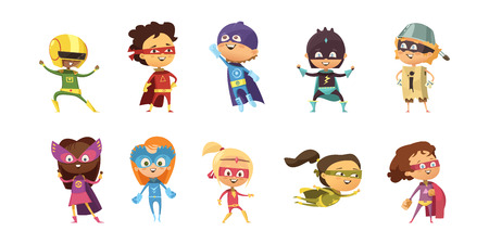 Kids wearing colorful costumes of different superheroes retro set isolated on white background cartoon vector illustrationのイラスト素材