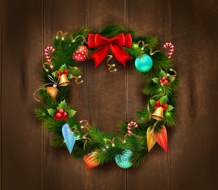Festive Christmas wreath poster with balls candies bells and bow on wooden background isolated vector illustrationのイラスト素材