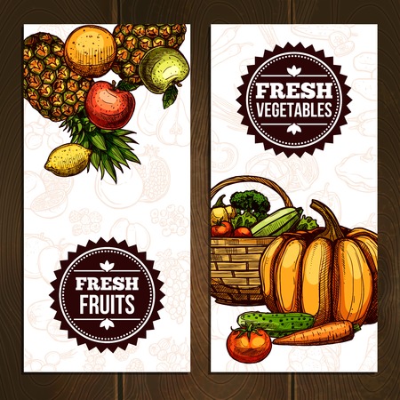 Vegetables and fruits vertical banners with pineapple lemon pear apple pumpkin carrot cucumber and tomato vector illustrationのイラスト素材