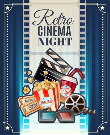 Retro cinema club night invitation poster  with movie theater tickets 3d glasses and popcorn snack vector illustrationのイラスト素材
