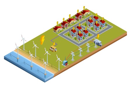 Environment friendly clean wind turbine electrical power generator station isometric layout banner with consumers houses vector illustrationのイラスト素材