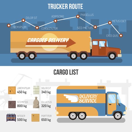 Flat horizontal delivery trucks banners presenting trucker route and cargo list isolated vector illustrationのイラスト素材