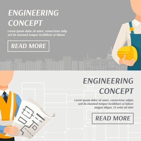 Engineering concept horizontal banners with foreman architect and place for your text vector illustrationのイラスト素材