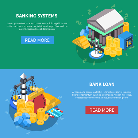 Banking systems and loan financial isometric icons webpage banners with read more button diagrams money scales coins bank symbols vector illustrationのイラスト素材