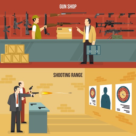 Two horizontal flat weapon banners with men choosing a gun and shooting at charges isolated vector illustrationのイラスト素材