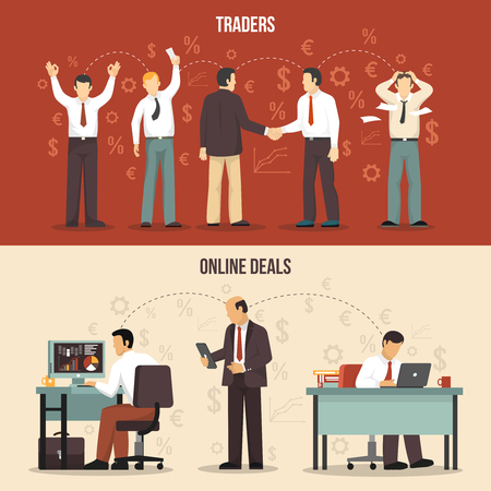 Horizontal trading finance banners with traders making agreements and online deals flat isolated vector illustrationのイラスト素材