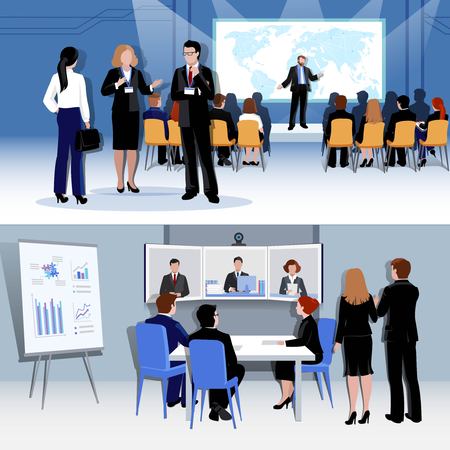 People meeting concept with conference  discussion brainstorming negotiation in flat style vector illustrationのイラスト素材