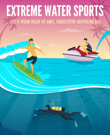 Extreme water sports flat composition tropical vacation poster with underwater snorkeling scuba flinsmimming and waterboarding vector illustrationのイラスト素材