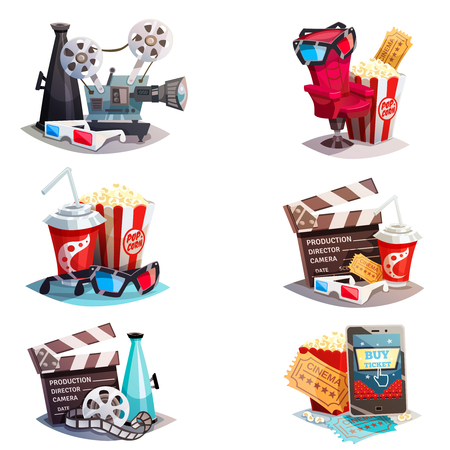 Set of 3d cartoon cinema design concepts with elements of cinematography equipment and viewers accessories  isolated vector illustrationのイラスト素材