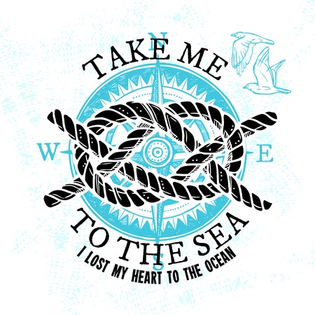Nautical sketch sign with marine rope knot gull and blue compass isolated vector illustrationのイラスト素材