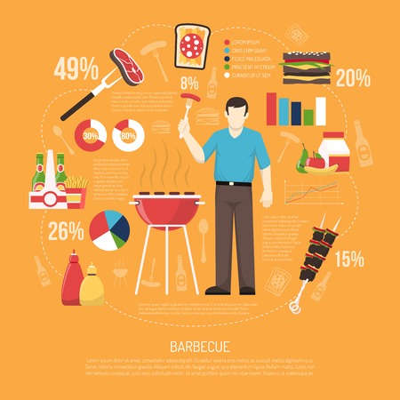 Barbecue infographics flat layout with bar and circle charts and statistic of products for grilling tools and equipment vector illustrationのイラスト素材