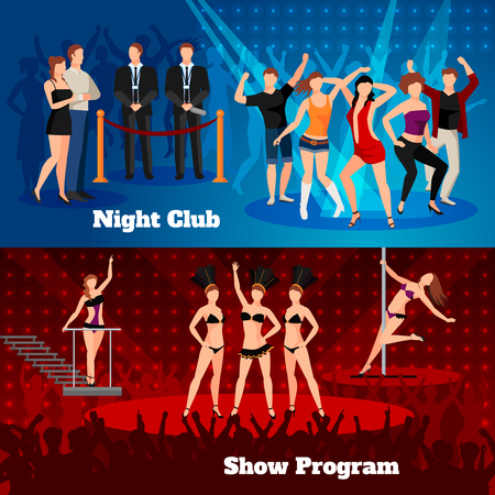 Night club erotic pole dance show program 2 flat horizontal banners with sexy girls  isolated vector illustrationのイラスト素材