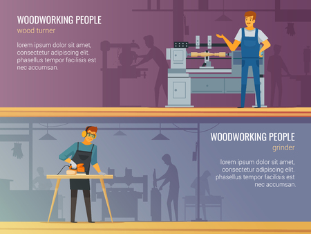 Woodworking carpentry professional service 2 flat banners with grinder and turner at work isolated vector illustrationのイラスト素材