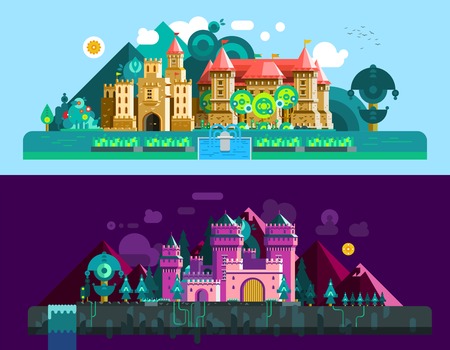 Castles horizontal banners with colorful antique palace and mansion in day and night time isolated vector illustrationのイラスト素材