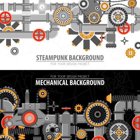 Abstract technological horizontal banners with industrial technical mechanical elements and objects vector illustrationのイラスト素材