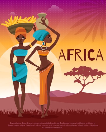 African cultural and ethnic clothing customs traditions flat poster with women headwrap and naturel background vector illustrationのイラスト素材