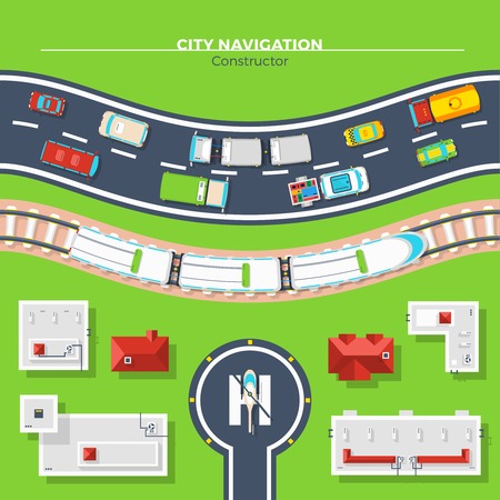 Navigation top view poster of city transport with vehicles road railroad and buildings flat vector illustrationのイラスト素材