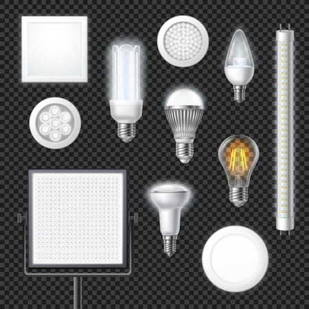 Realistic led lamps of different shape and size set isolated on transparent background vector illustrationのイラスト素材