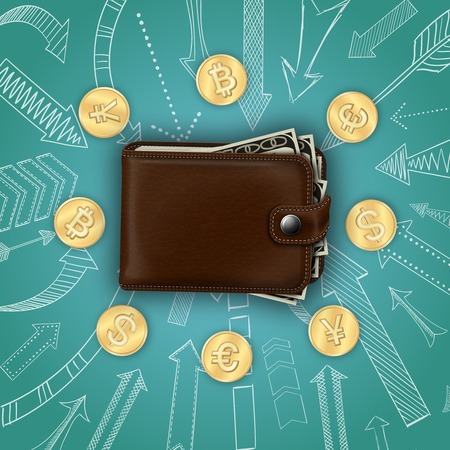 Realistic money template with closed leather wallet cash coins and hand drawn arrows isolated vector illustrationのイラスト素材