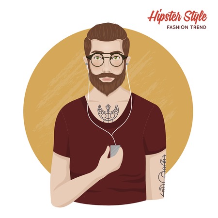 Hipster style template with man shirt beard mustache tatoos glasses headphones isolated vector illustrationのイラスト素材