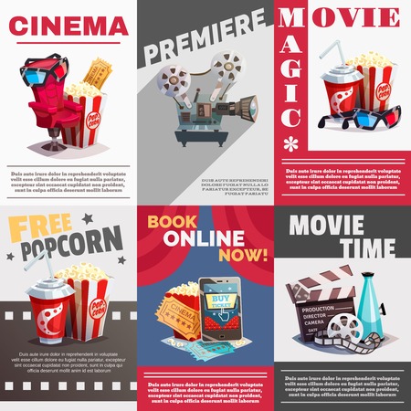 Set of cinema posters with premiere and movie time advertising decorative elements  in retro style vector illustrationのイラスト素材