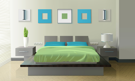 Modern bedroom realistic design with bed vase and lamp realistic vector illustrationのイラスト素材