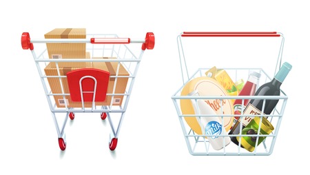 Shopping cart and basket set with boxes and food isolated realistic vector illustrationのイラスト素材