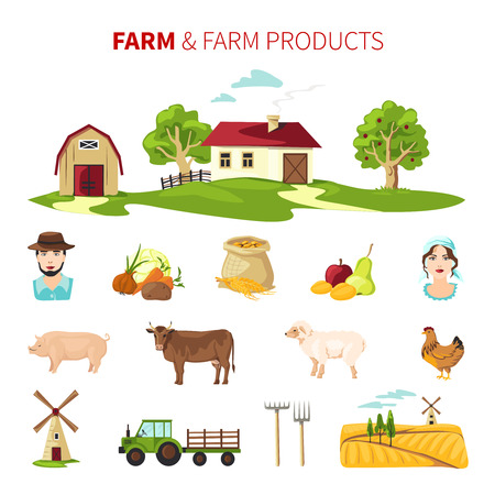 Flat farming set with farm products farmhouse farmers and equipment isolated on white background vector illustrationのイラスト素材