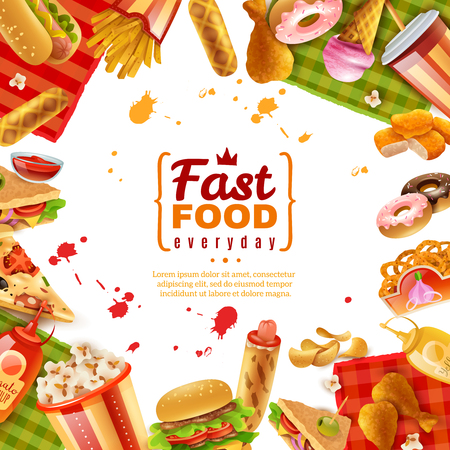 Fast food template with different colorful tasty unhealthy meals on white background vector illustrationのイラスト素材
