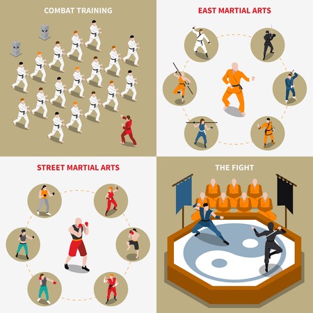 People doing various types of martial arts isometric 2x2 icons set isolated vector illustrationのイラスト素材