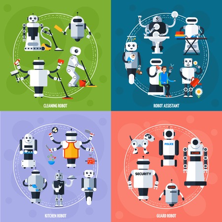 Smart robots concept with cyborgs involving in various sphere of life in flat style vector illustrationのイラスト素材