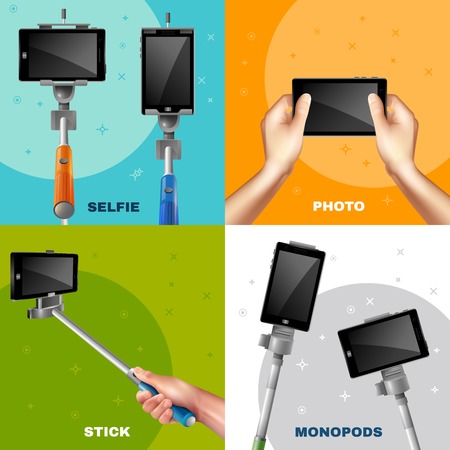 Taking pictures on phone with monopod selfie stick design concept isolated realistic vector illustrationのイラスト素材