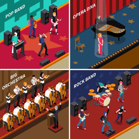 Musicans people performing at stage isometric 2x2 icons set isolated vector illustrationのイラスト素材