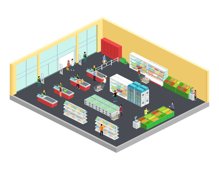 Supermarket isometric composition with food and drink symbols vector illustrationのイラスト素材