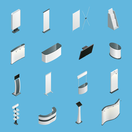 Exhibition promotion stands set isolated isometric icons vector illustrationのイラスト素材