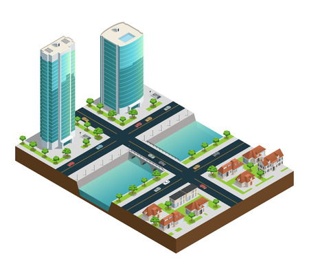 Isometric cityscape composition with modern skyscrapers suburban houses near canal on white background vector illustrationのイラスト素材