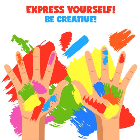 Creative art poster with painted colorful hands on white background flat vector illustrationのイラスト素材