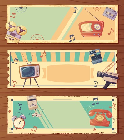 Retro devices horizontal banners with music video and other classic gadgets isolated vector illustrationのイラスト素材