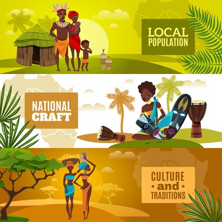 African ethnic culture traditional clothing arts and crafts 3 flat horizontal natural background banners isolated vector illustrationのイラスト素材