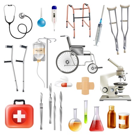 Healthcare medical accessories and equipment flat icons collection with walking aids crutches and scalpel isolated vector illustrationのイラスト素材